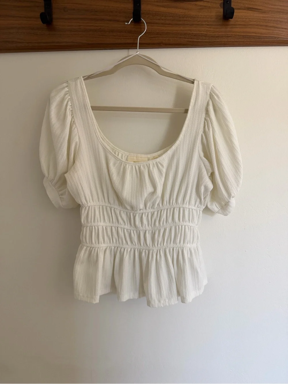 Anthropologie Cream Puff-Sleeve Smocked Peplum Top